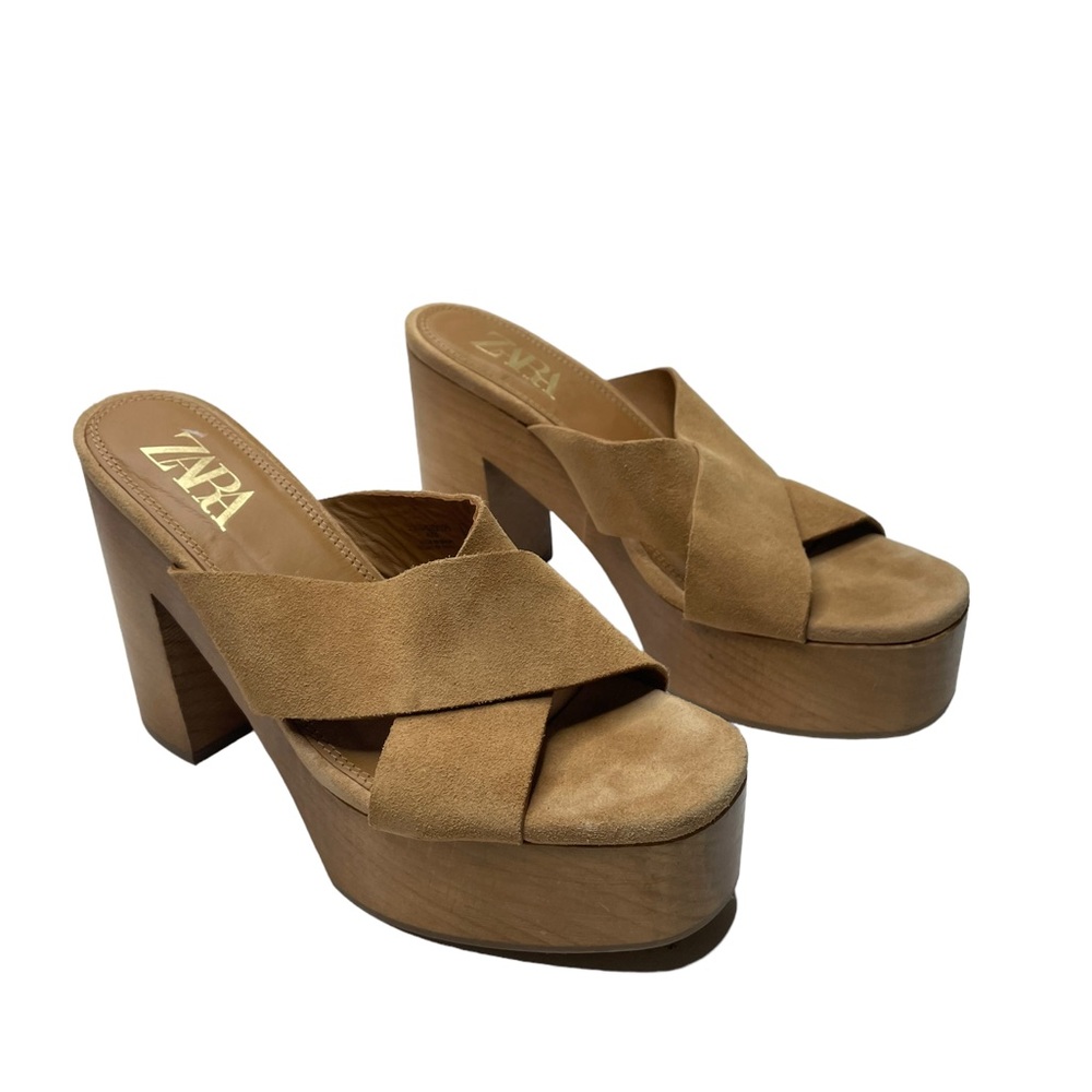 Zara | Suede Cross Strap Wooden Platform Sandals 41